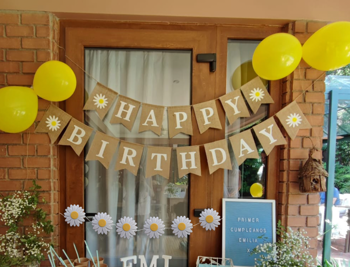 Banderín happy birthday margaritas arpillera