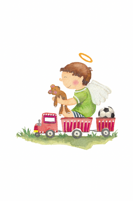 Santito ilustrado por BERNIE Ángel en tren