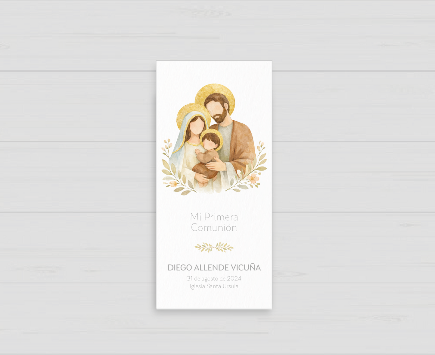 Santito de primera comunión de la Sagrada Familia con hojitas, recuerdo personalizado