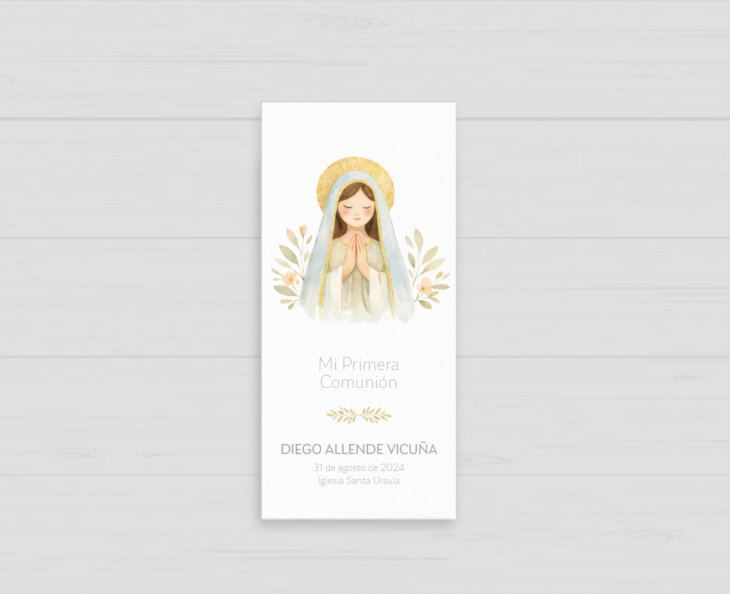 Santito de primera comunión de la Virgen en calma, recuerdo personalizado