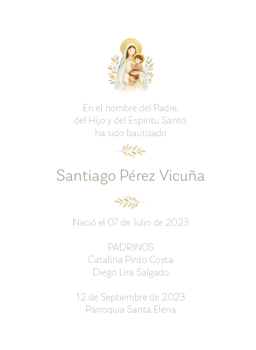 Santito de Bautizo Virgen y Niño Jesús Hojitas (12 u)