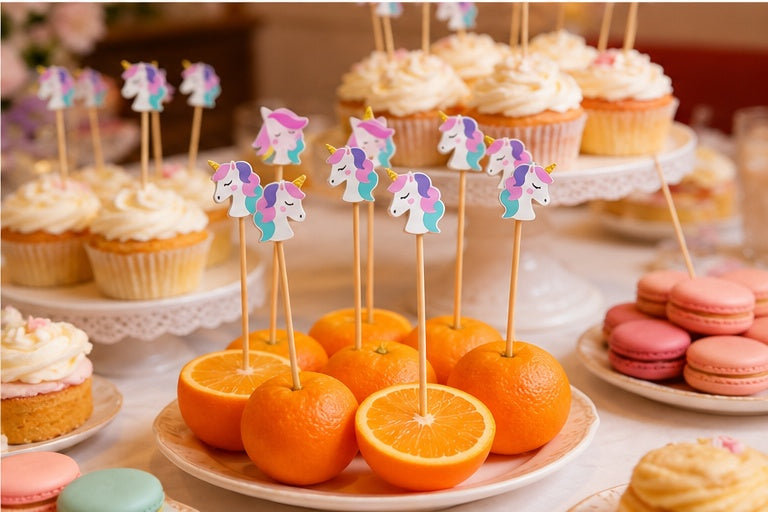 Toppers unicornio decorando cupcakes y naranjas