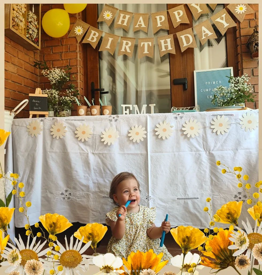 Banderín happy birthday margaritas arpillera