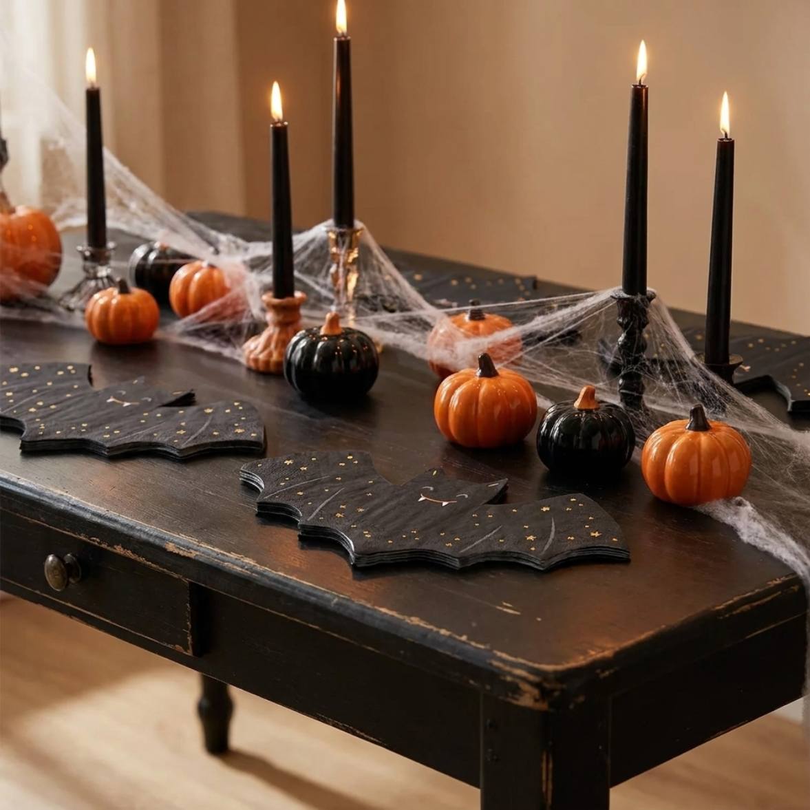 Servilletas murciélago con velas negras