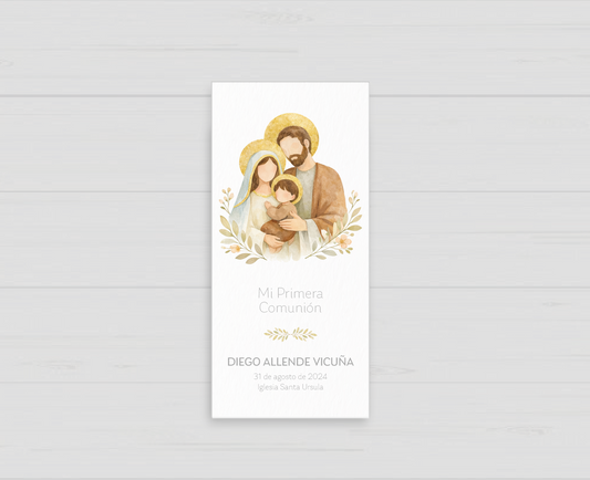 Santito de primera comunión de la Sagrada Familia con hojitas, recuerdo personalizado