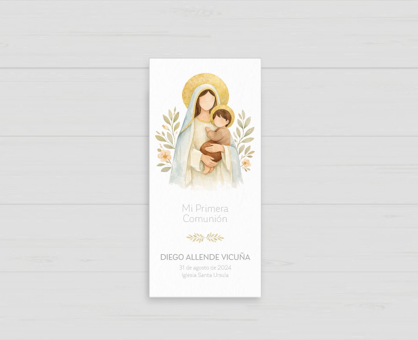Santito de primera comunión con la Virgen y el niño Jesús, recuerdo personalizado