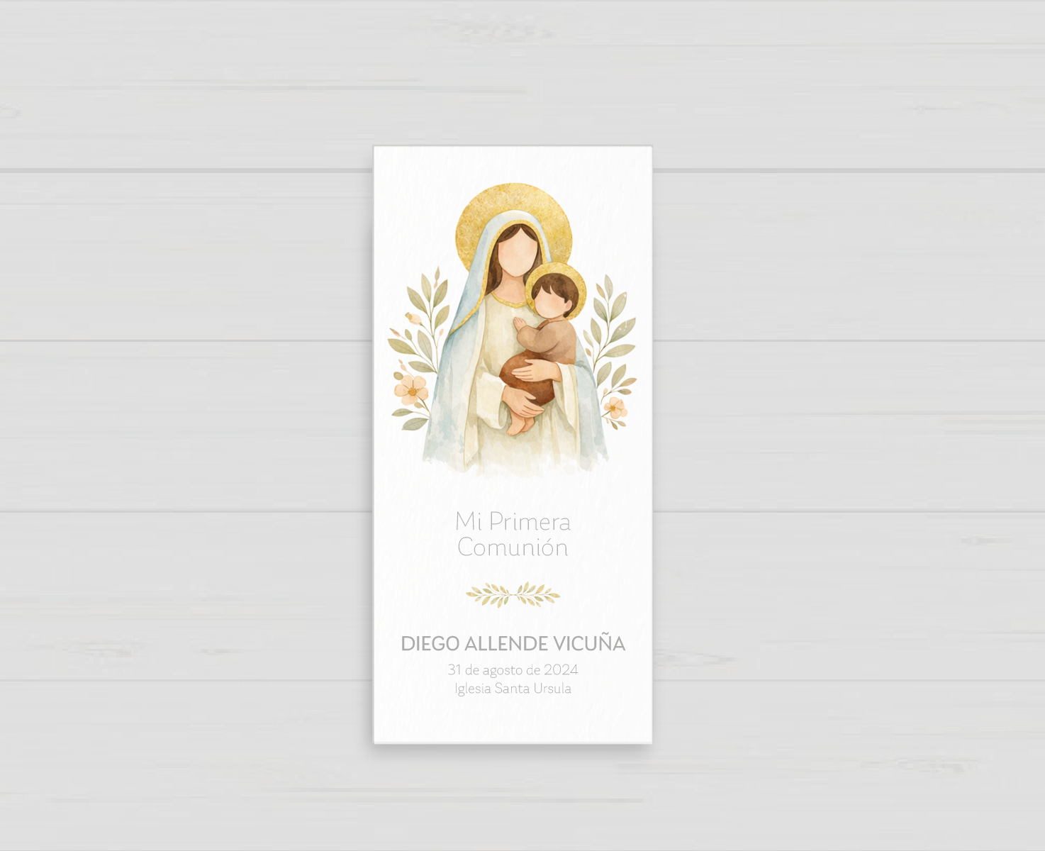 Santito de primera comunión con la Virgen y el niño Jesús, recuerdo personalizado