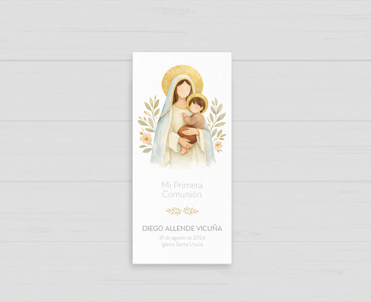 Santito de primera comunión con la Virgen y el niño Jesús, recuerdo personalizado