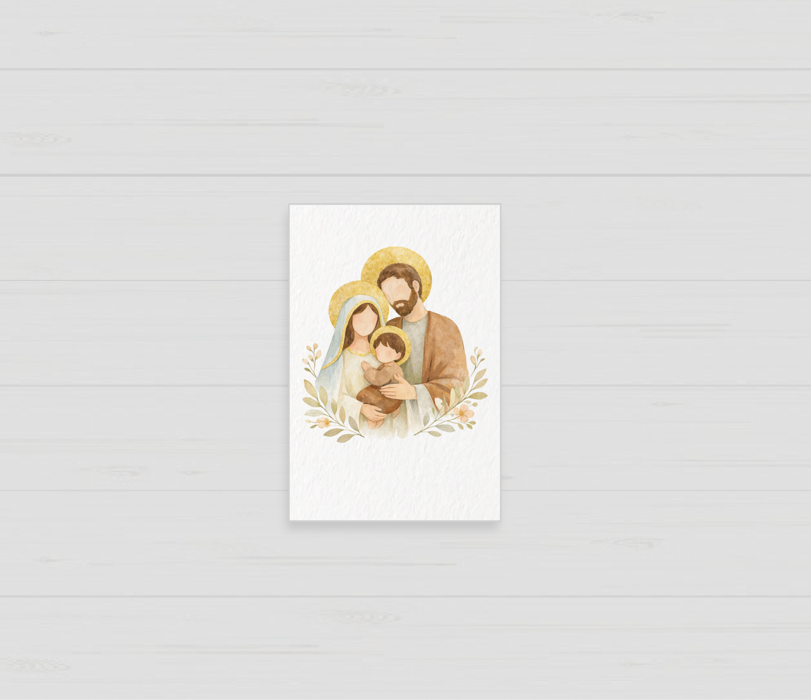 Santito de bautizo de la Sagrada Familia con hojitas, recuerdo personalizado