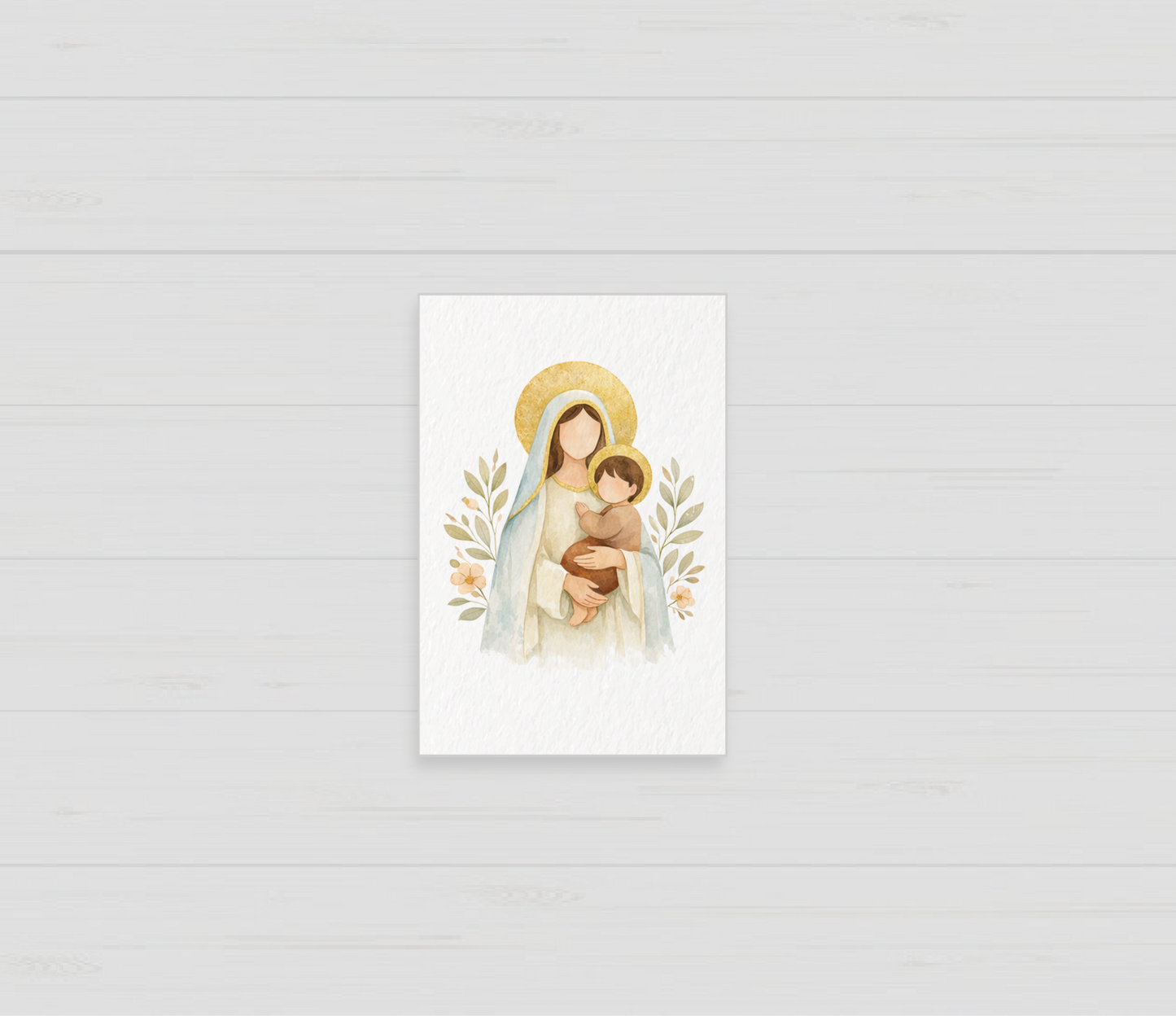 Santito de bautizo de la Virgen y el niño Jesús con hojitas, recuerdo personalizado