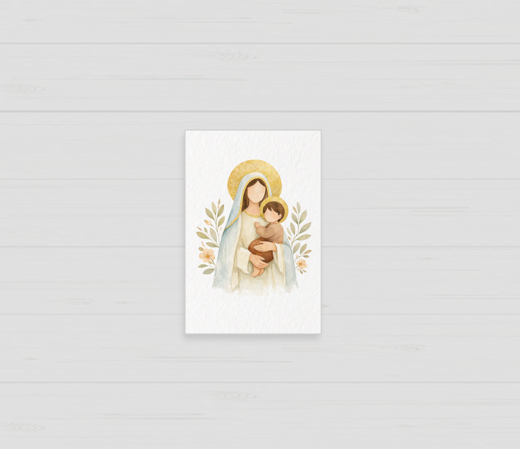 Santito de bautizo de la Virgen y el niño Jesús con hojitas, recuerdo personalizado