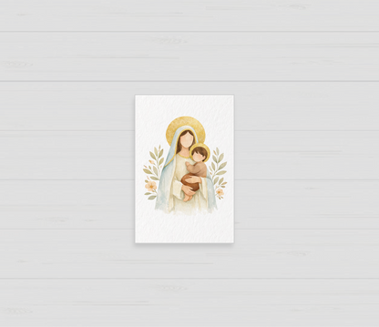 Santito de bautizo de la Virgen y el niño Jesús con hojitas, recuerdo personalizado