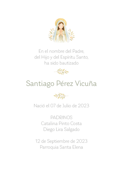 Santito de Bautizo Virgen en Calma (12 u)