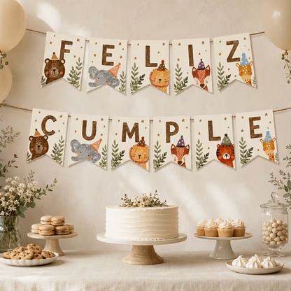 Banderín feliz cumpleaños animales de la selva