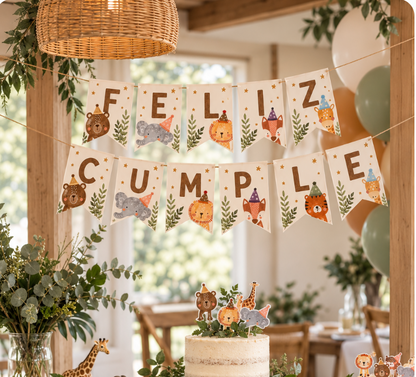 Banderín feliz cumpleaños animales de la selva