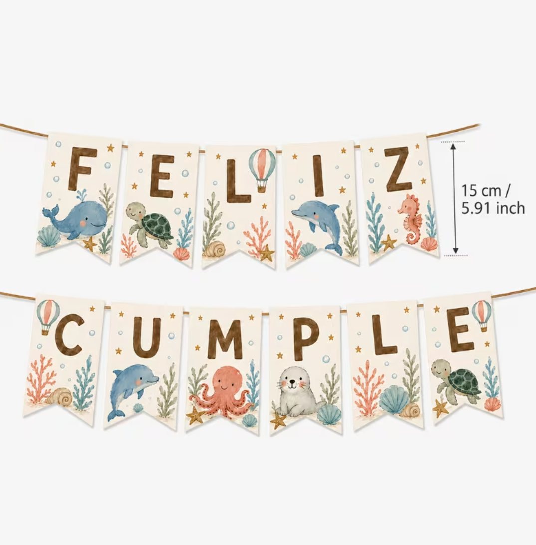 Banderín feliz cumpleaños animales del mar