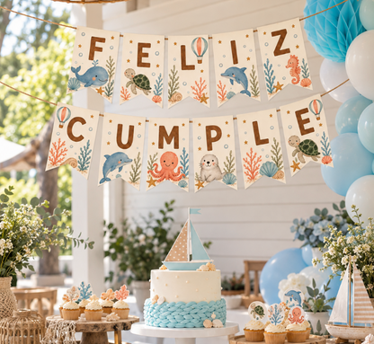 Banderín feliz cumpleaños animales del mar