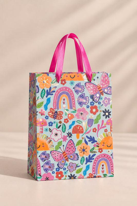 Bolsas arcoiris y flores