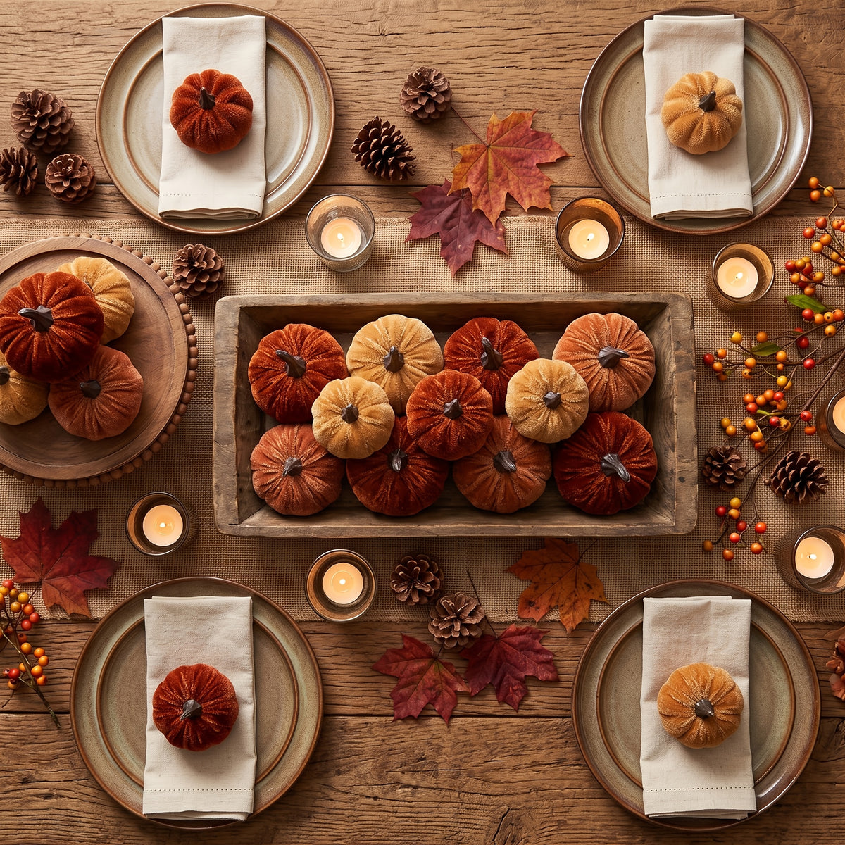 Mini calabazas de terciopelo en mesa de otoño
