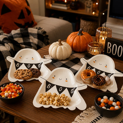 Platos fantasma BOO con snacks en fiesta de Halloween