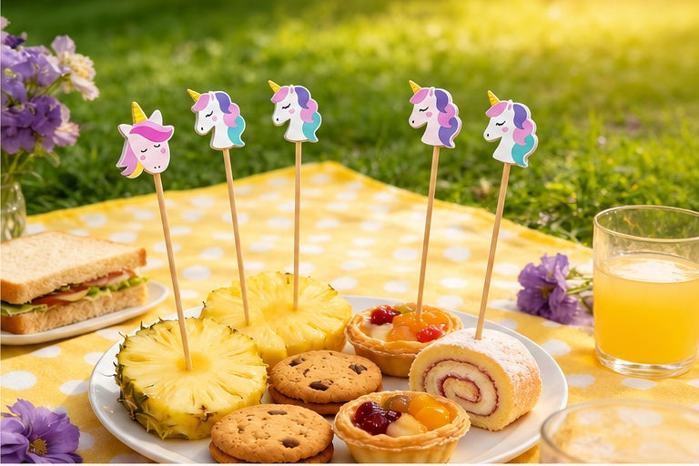Toppers unicornio decorando piña y galletas en picnic