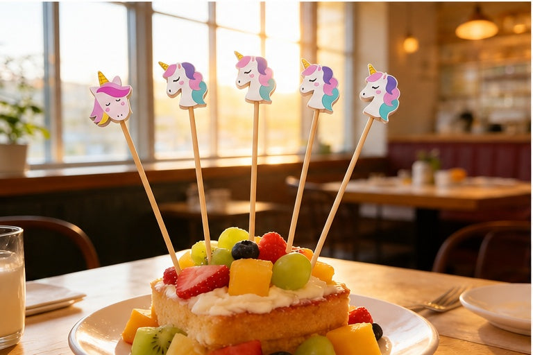 Toppers unicornio decorando torta de frutas